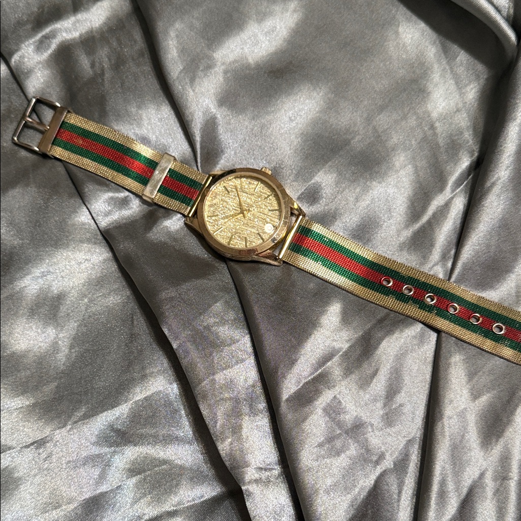 GoldTone Watch With Green And Red Strap